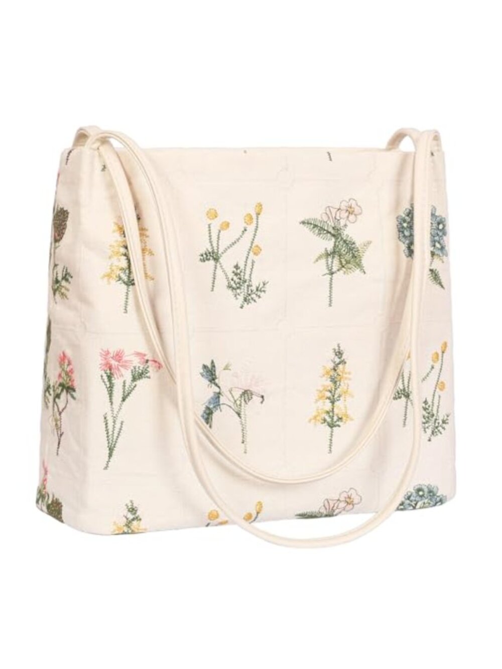 Floral Embroidered Canvas Tote Bag with PU Handles